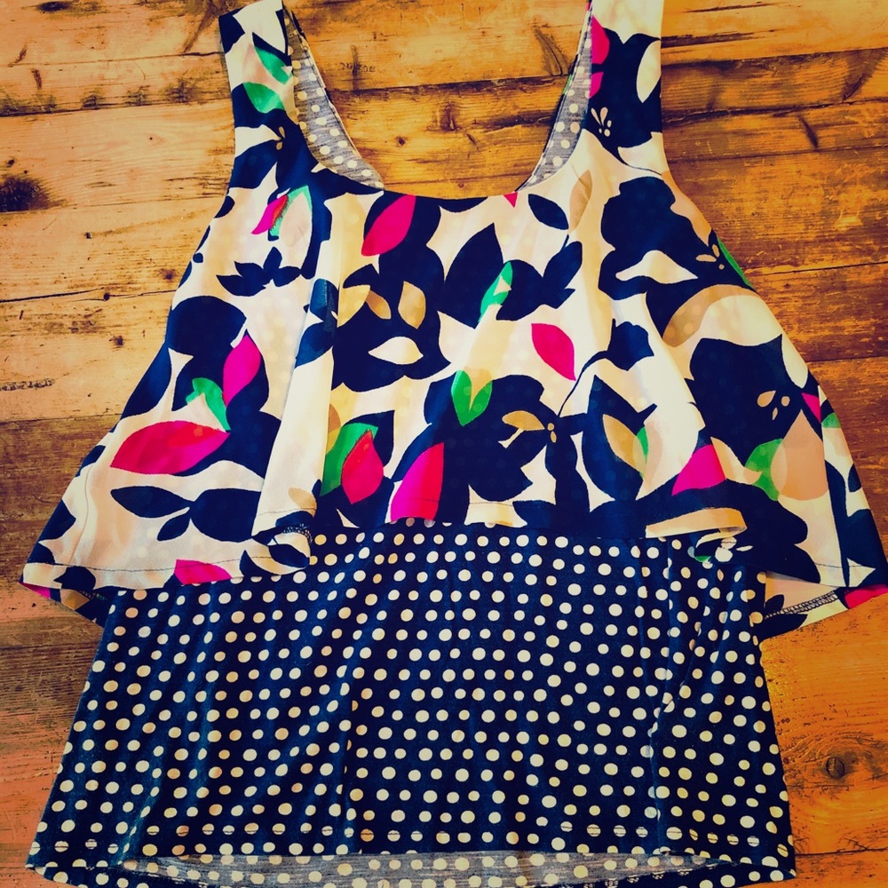 Anthropologie Floral Tank w/ polka dot blue bottom